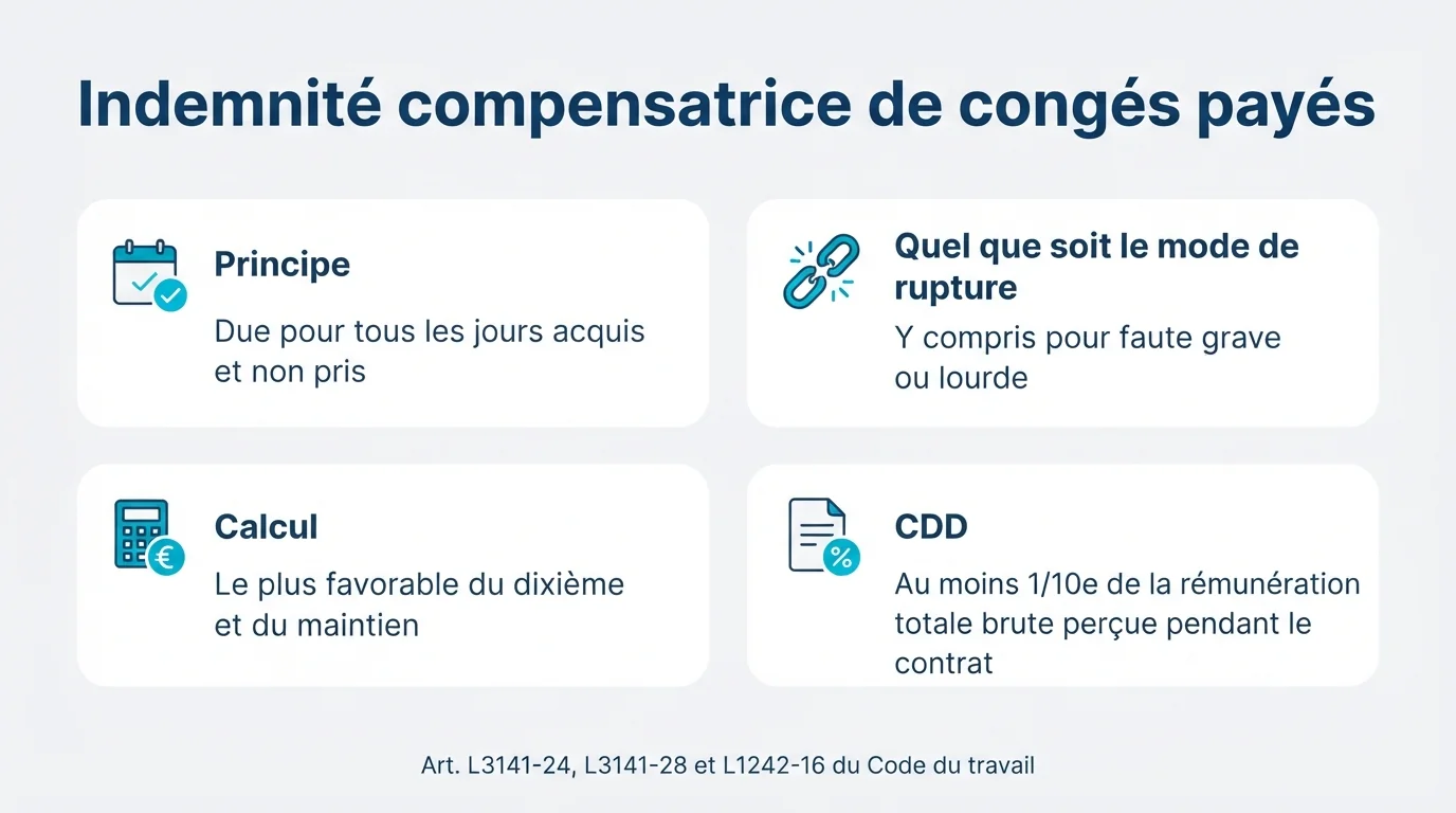 Infographie : l’indemnité compensatrice de congés payés est due pour tous les jours acquis et non pris, quel que soit le mode de rupture, même pour faute grave ou lourde ; au moins 1/10e pour un CDD.
