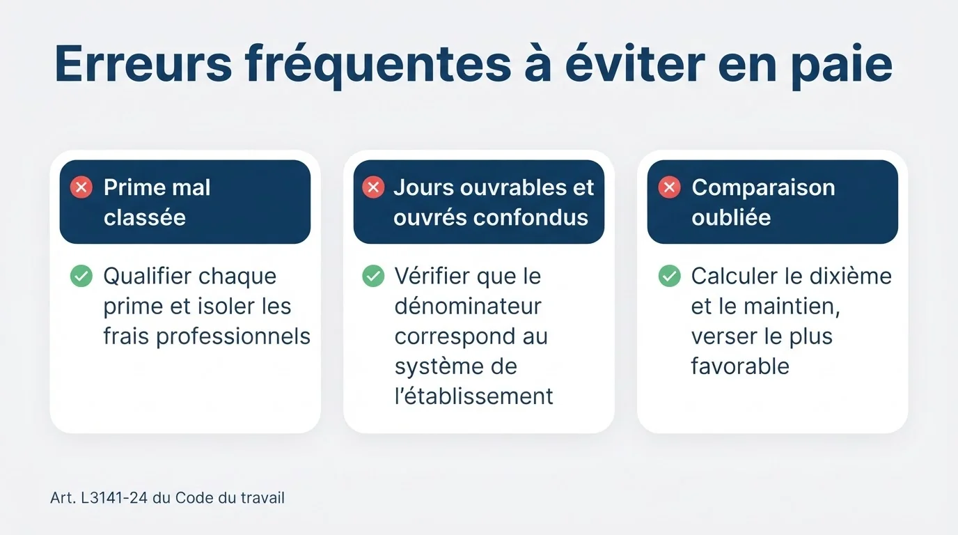 Infographie : trois erreurs fréquentes en paie des congés payés — prime mal classée, jours ouvrables et ouvrés confondus, comparaison oubliée — et le contrôle à appliquer pour chacune.