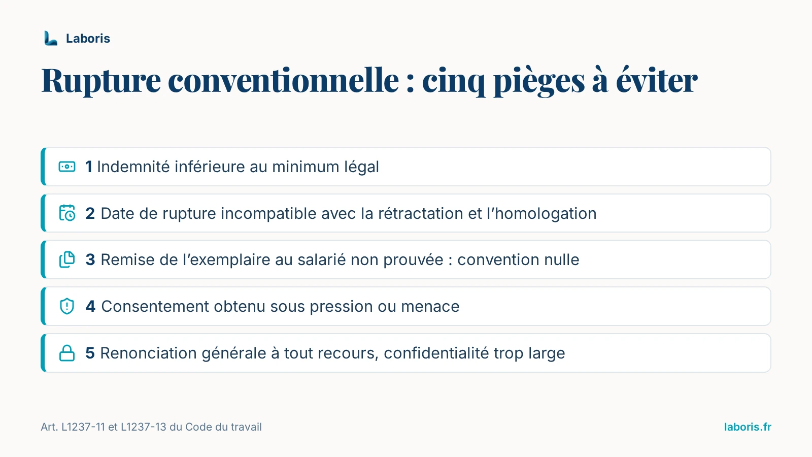 Infographie : cinq pièges de la rupture conventionnelle — indemnité inférieure au minimum légal, date incompatible avec la rétractation et l’homologation, remise de l’exemplaire non prouvée, consentement sous pression, renonciations trop larges