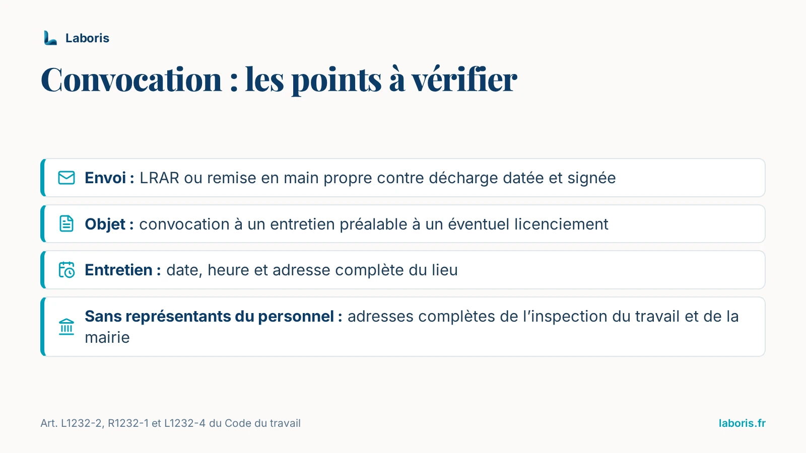 Infographie : points à vérifier dans la lettre de convocation — LRAR ou remise en main propre contre décharge datée et signée, objet, date, heure et adresse complète du lieu, adresses complètes de l’inspection du travail et de la mairie sans représentants du personnel.
