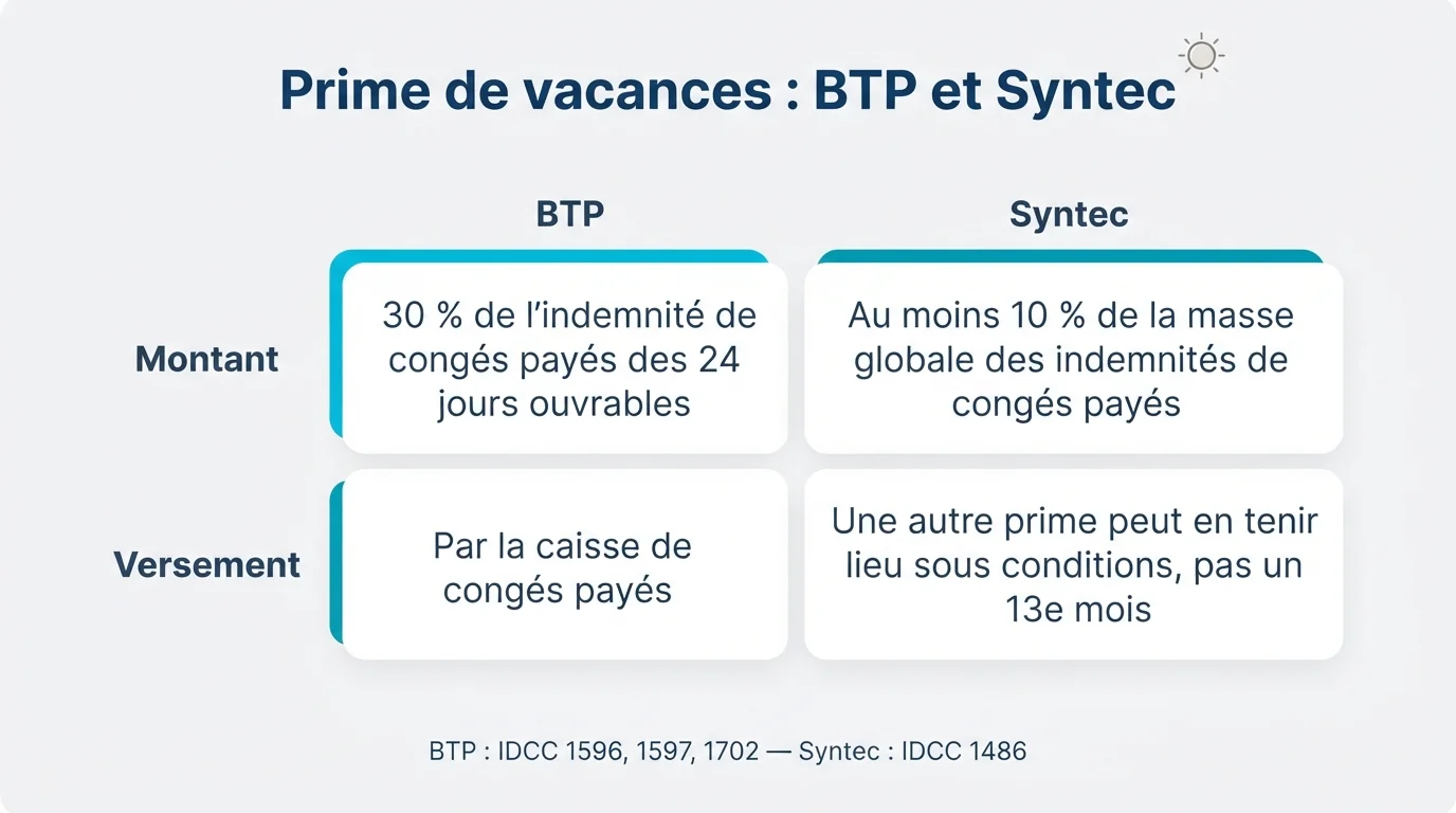 Infographie : prime de vacances en BTP, 30 % de l’indemnité de congés payés des 24 jours ouvrables versée par la caisse de congés payés, et en Syntec, au moins 10 % de la masse globale des indemnités de congés payés