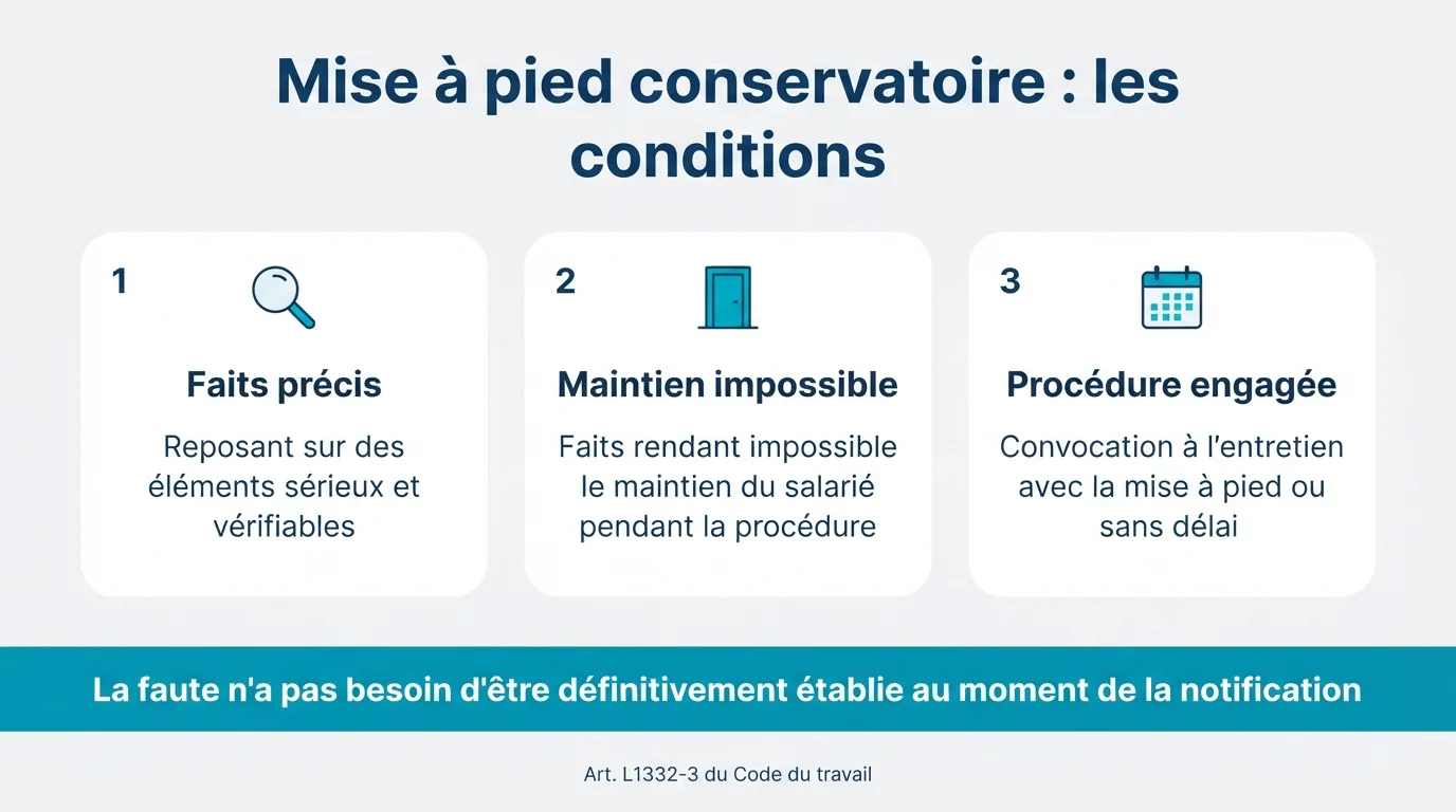 Infographie : conditions de la mise à pied conservatoire — faits précis reposant sur des éléments sérieux, maintien du salarié impossible pendant la procédure, convocation à l’entretien avec la mise à pied ou sans délai
