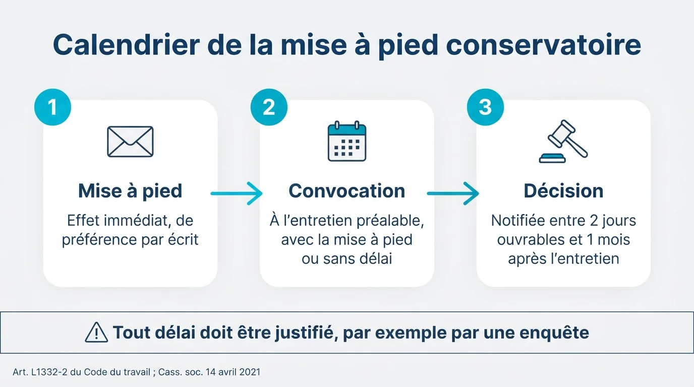 Infographie : calendrier de la mise à pied conservatoire — effet immédiat, convocation à l’entretien préalable avec la mise à pied ou sans délai, décision notifiée entre 2 jours ouvrables et 1 mois après l’entretien